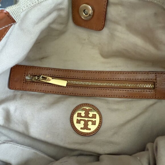 Vintage Tory Burch Canvas Leather Tote Bag Women's Beige Brown Gold-Tone Logo - Picture 14 of 16